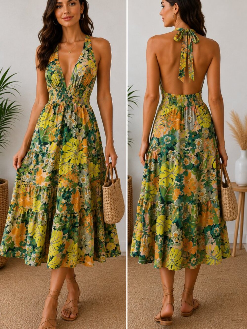 The Impeccable Pig Tropical Floral Cutout Midi Dress Size M